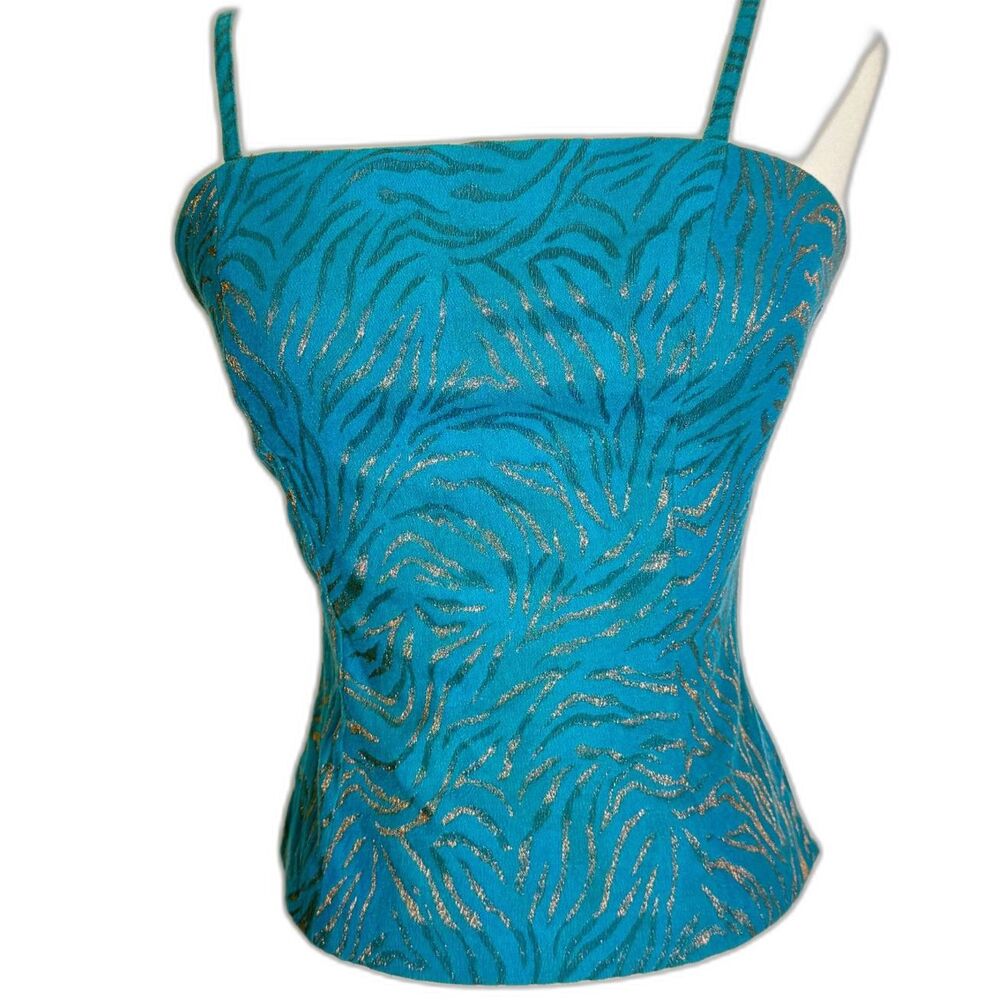Vintage | 1990s | Georgiou | Blue and Metallic Gold Animal Print Bustier | Sz 4